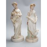 A pair of large W H Goss bisque classical female figures, one with lamb, the other Leda and the