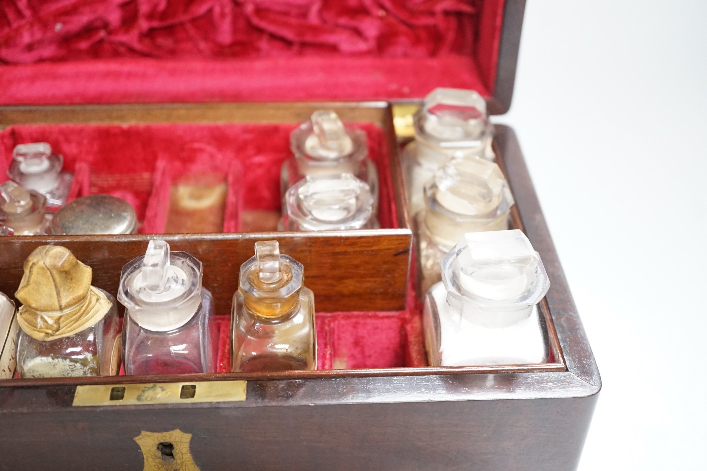 A 19th century mahogany cased travelling apothecary set with glass flasks, handle plate engraved ‘ - Image 5 of 5