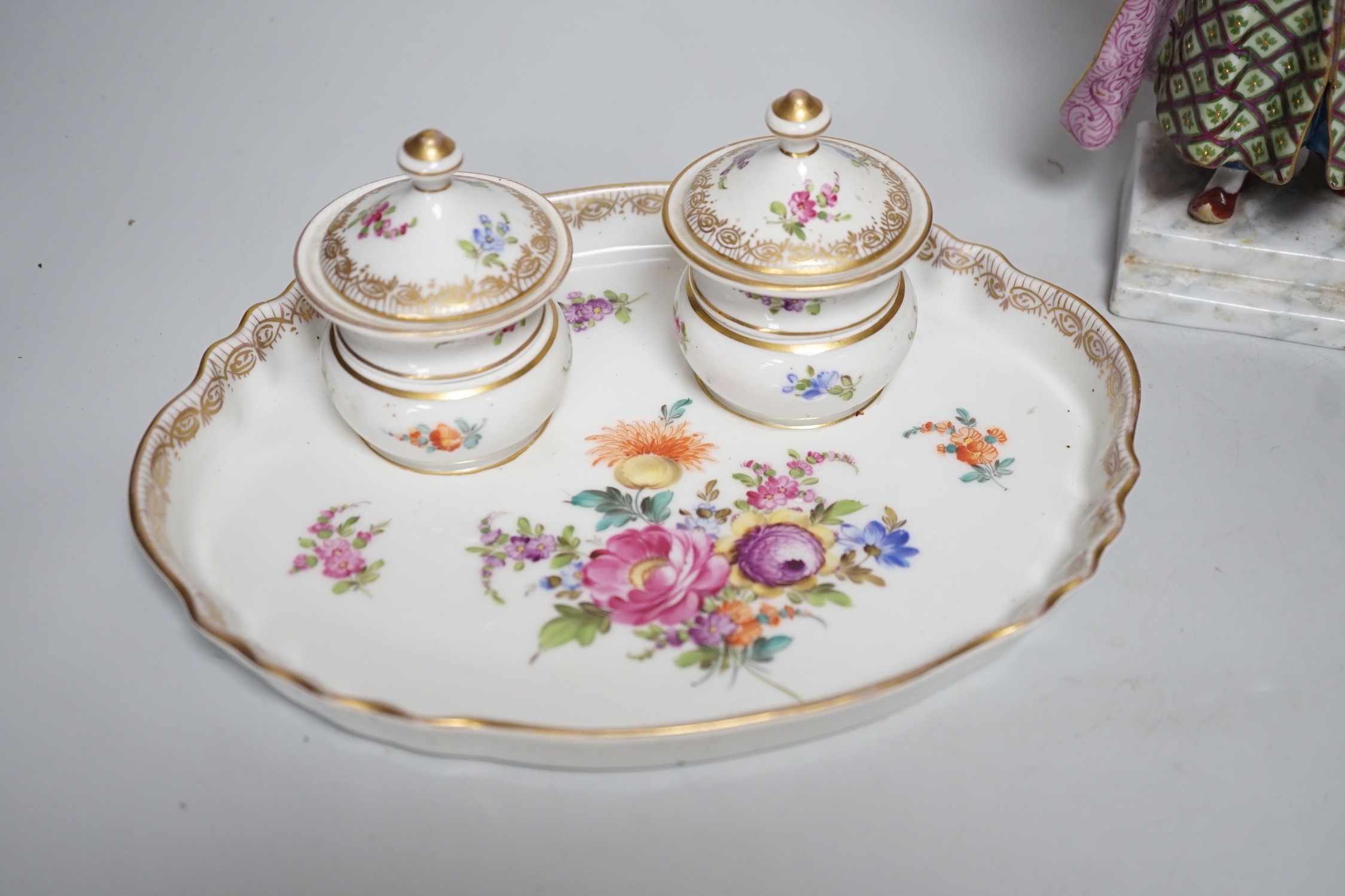 A 19th century German Inkstand with two pots and covers painted with flowers, 24cm wide, and a - Image 2 of 8