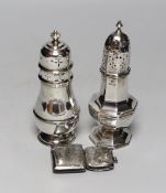 Two 20th century silver sugar casters, tallest 16.4cm and two early 20th century silver vesta