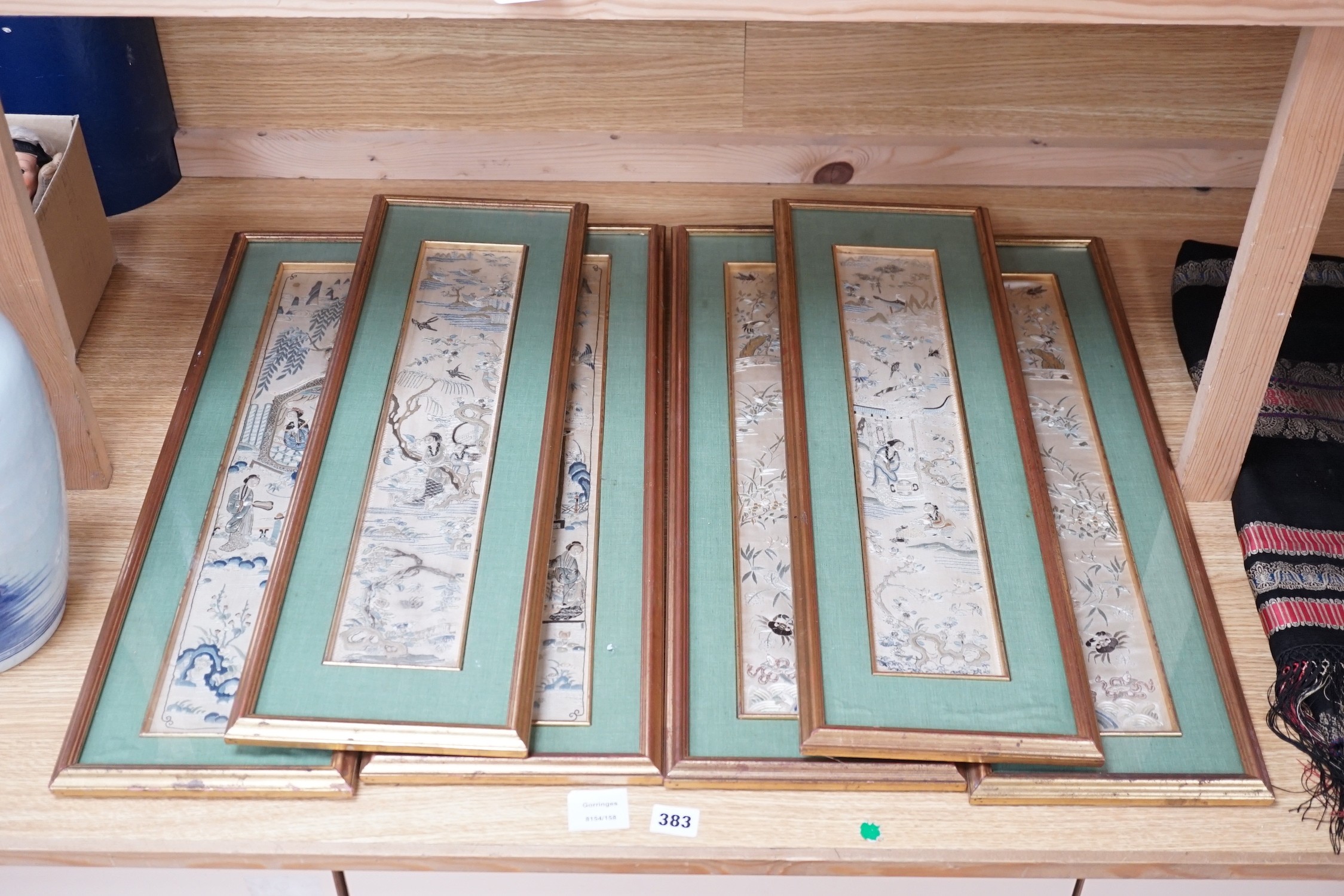 Three pairs of gilt framed, 19th century, silk embroidered, sleeve bands (for Chinese robes), - Image 10 of 10