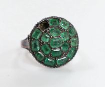 A 19th century yellow and white metal, emerald cluster set ring, (stone missing), size O/P, gross