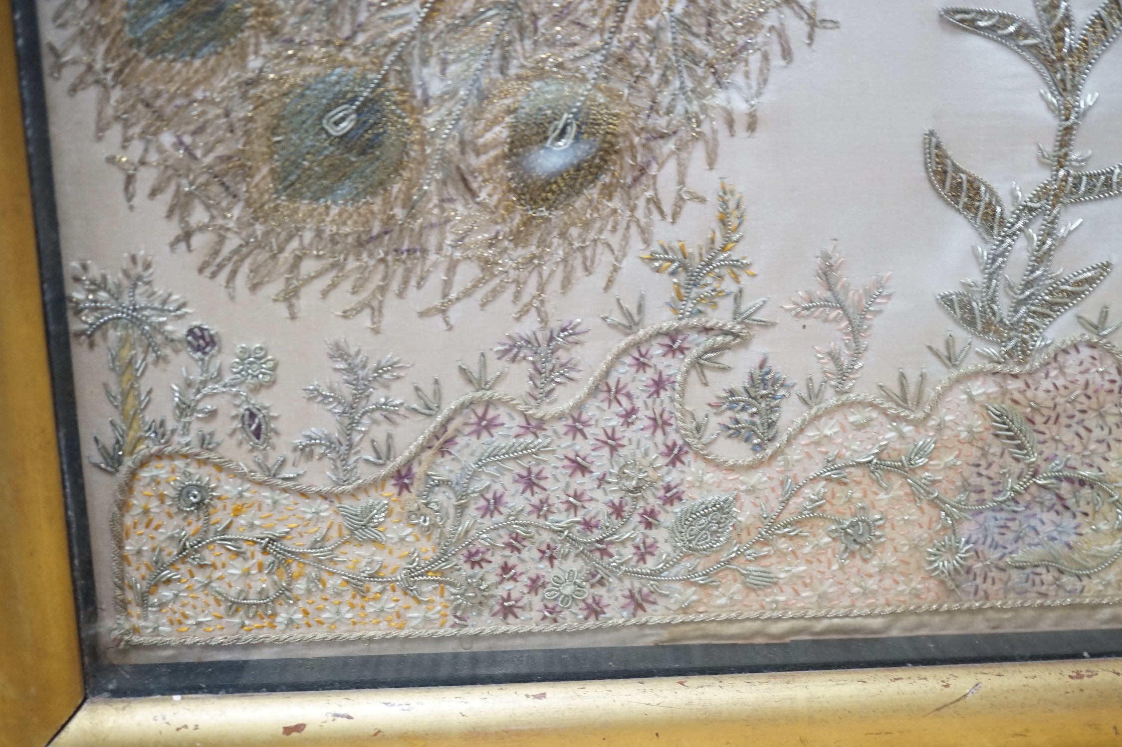 A framed silk, multi coloured metal thread embroidered Indian panel: a peacock seated amongst birds, - Image 7 of 8