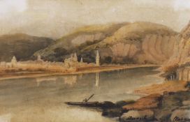 Attributed to Clara Peach, watercolour, Continental view, river landscape, inscribed verso ‘On The