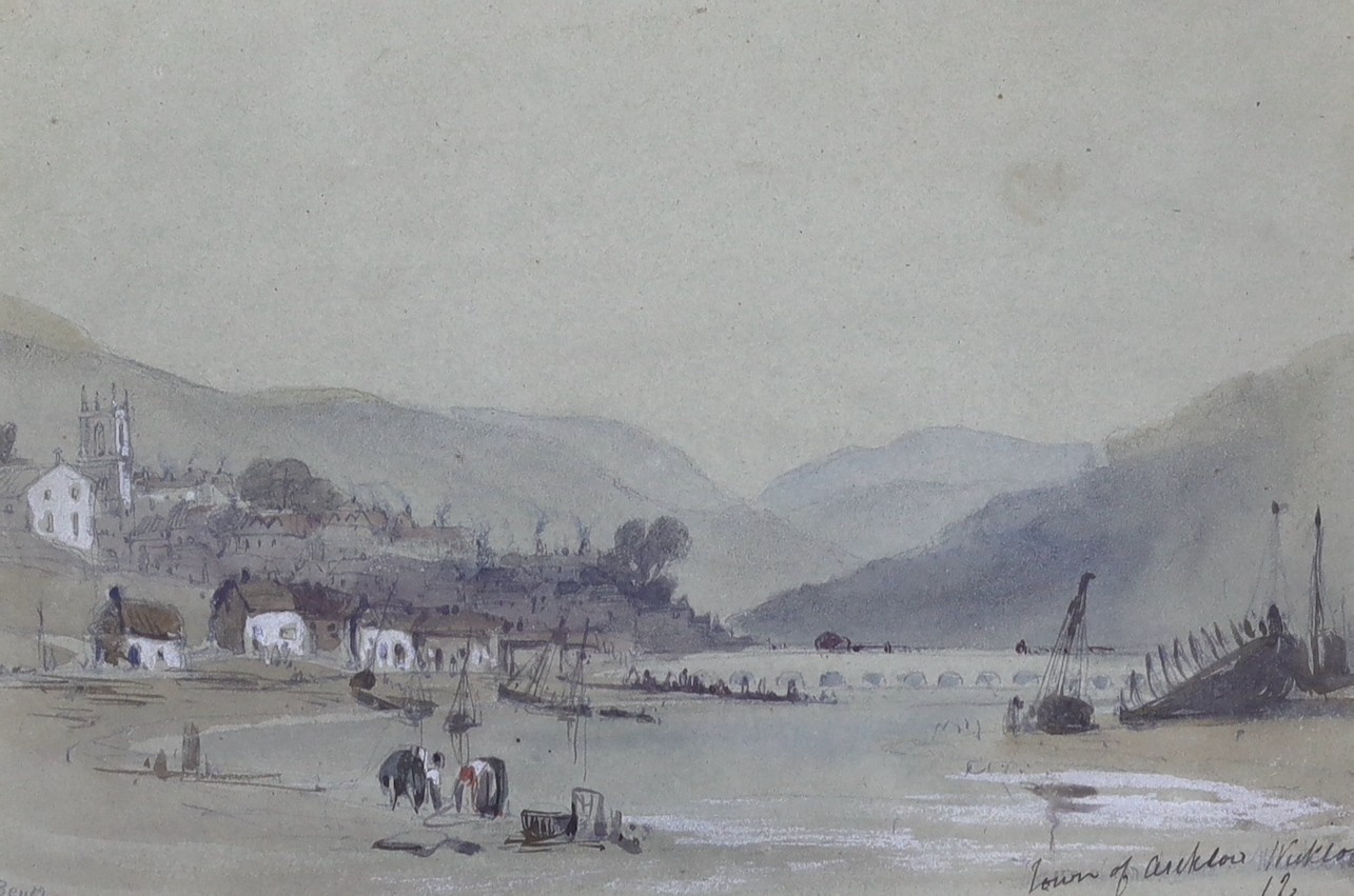 Charles Bentley (1808–1854), watercolour, Estuary scene with fishing vessels, Town of Arklow,