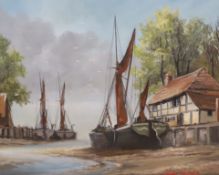 Dion Pears (1929 - 1985), oil on canvas, a cottage and harboured boats, signed, 39 x 49cm