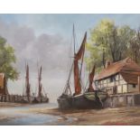 Dion Pears (1929 - 1985), oil on canvas, a cottage and harboured boats, signed, 39 x 49cm