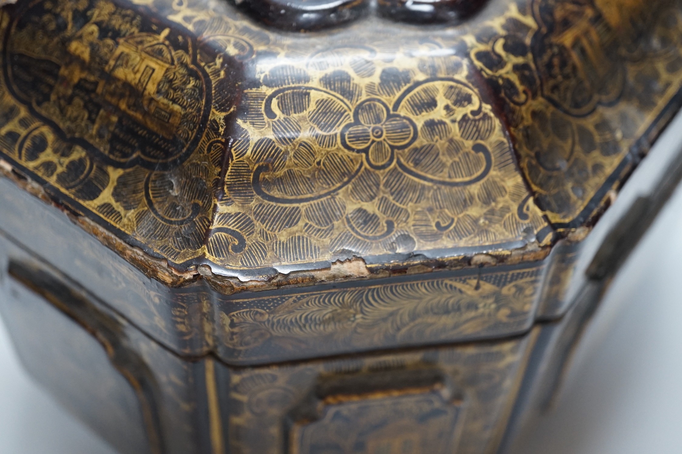 A 19th century Chinese chinoiserie lacquered sarcophagus form tea caddy, pewter lined interior - Image 5 of 6