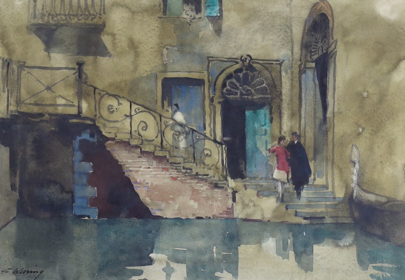 Henry Franks Waring (fl.1900-1928), watercolour, View of figures on a step in Venice, signed,