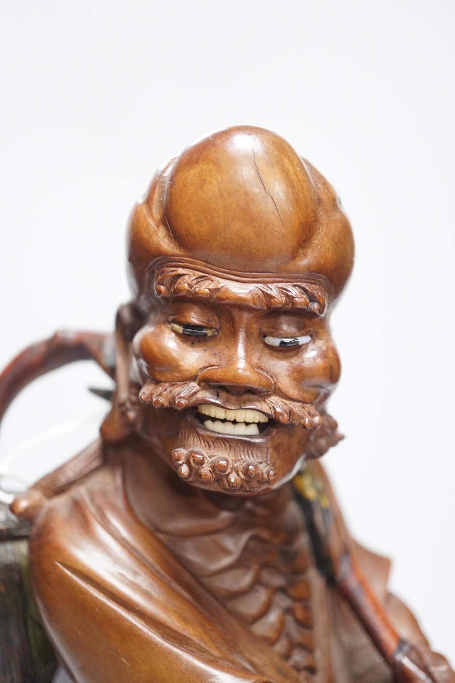 An early 20th century Chinese root carving of an immortal, on soapstone base, 36cm tall - Image 6 of 6