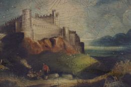 Continental School, 19th century, oil on board, Study of a castle, 14 x 20cm