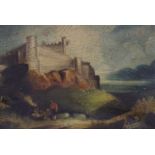 Continental School, 19th century, oil on board, Study of a castle, 14 x 20cm