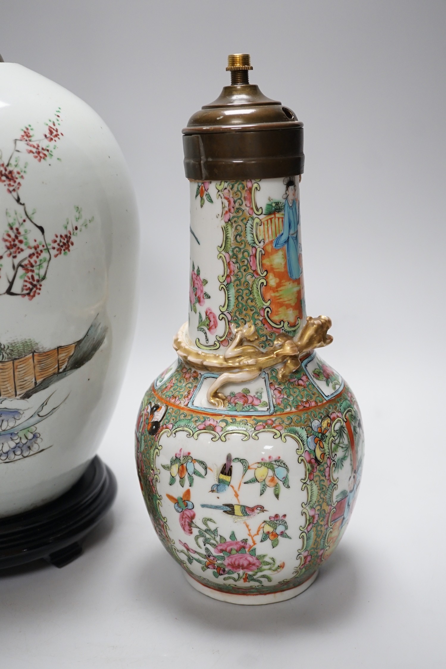 A Chinese famille rose vase converted to a lamp, 26cm, and a larger Chinese vase/lamp base, on - Image 4 of 6