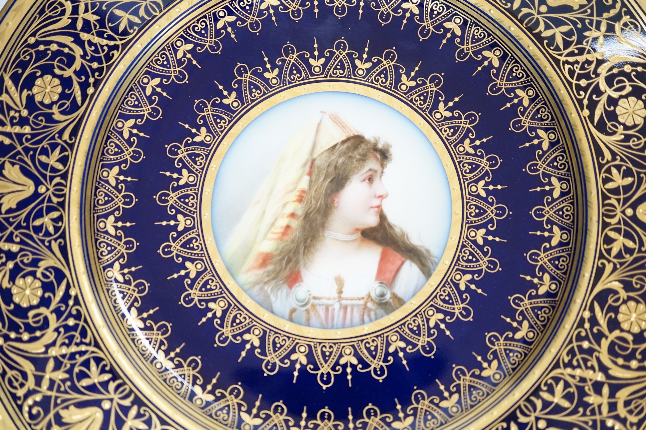 A pair of Pirkenhammer gilt and portrait painted cabinet plates, 25cm diameter - Image 2 of 6