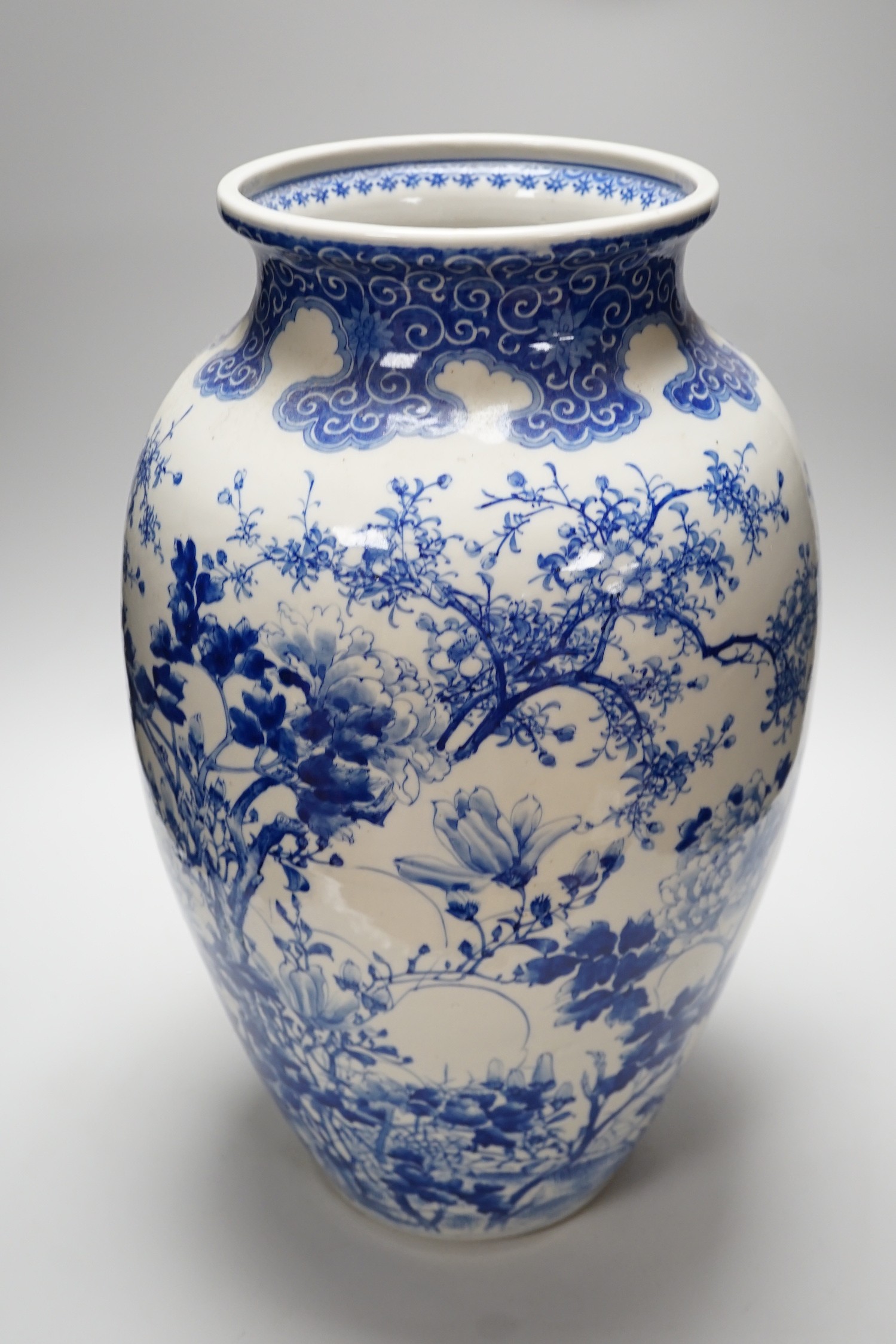 A large Japanese blue and white vase decorated with foliage and birds, 49cms high - Image 4 of 5