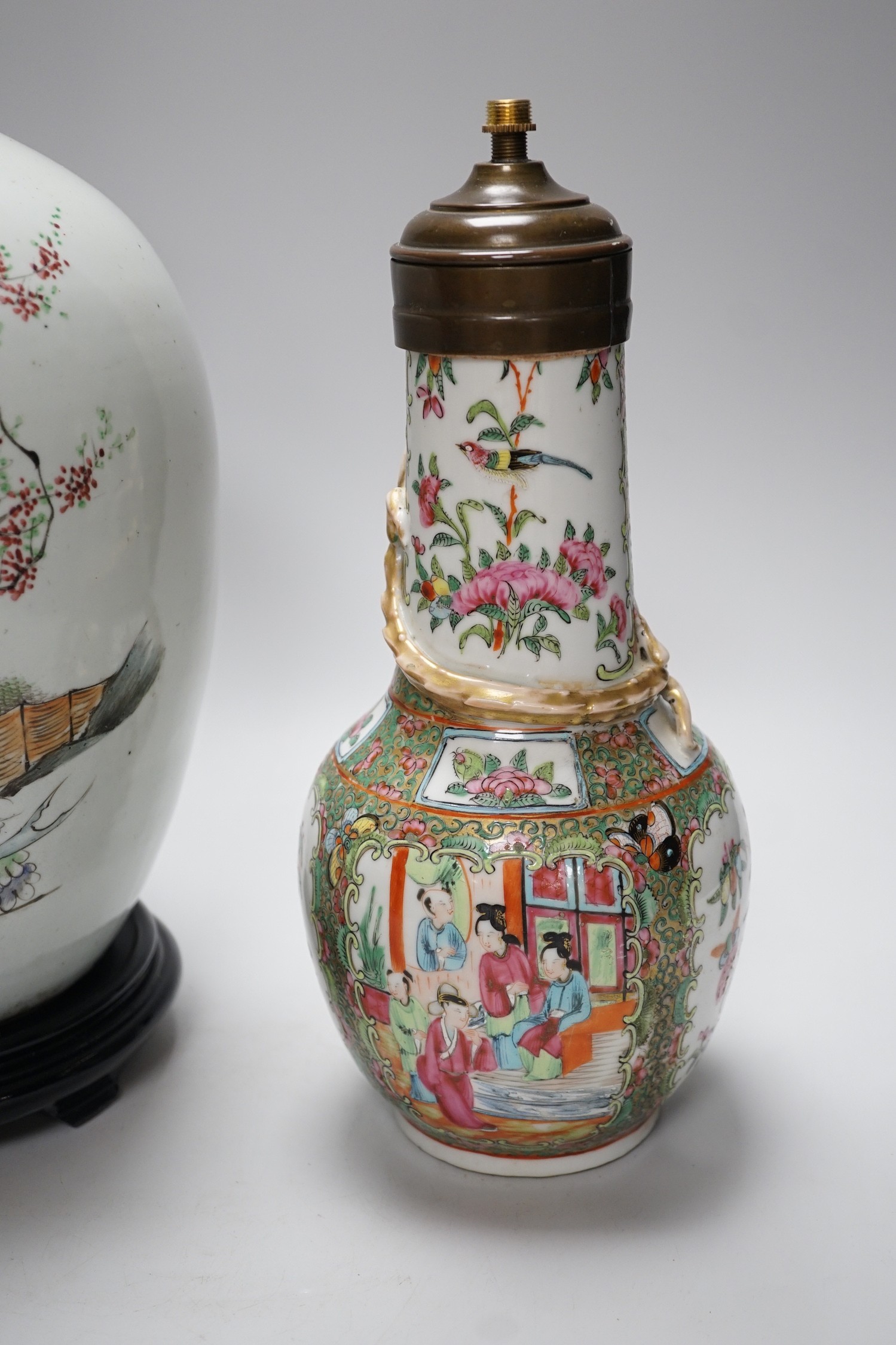 A Chinese famille rose vase converted to a lamp, 26cm, and a larger Chinese vase/lamp base, on - Image 3 of 6