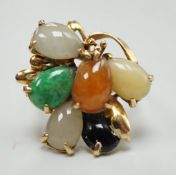 A modern 585 yellow metal and multi coloured cabochon jadeite cluster set dress ring, size N,