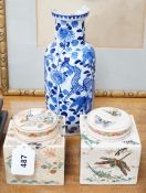 Two Japanese Satsuma boxes and covers, 10cm wide, and a blue and white Chinese vase, 26cms high