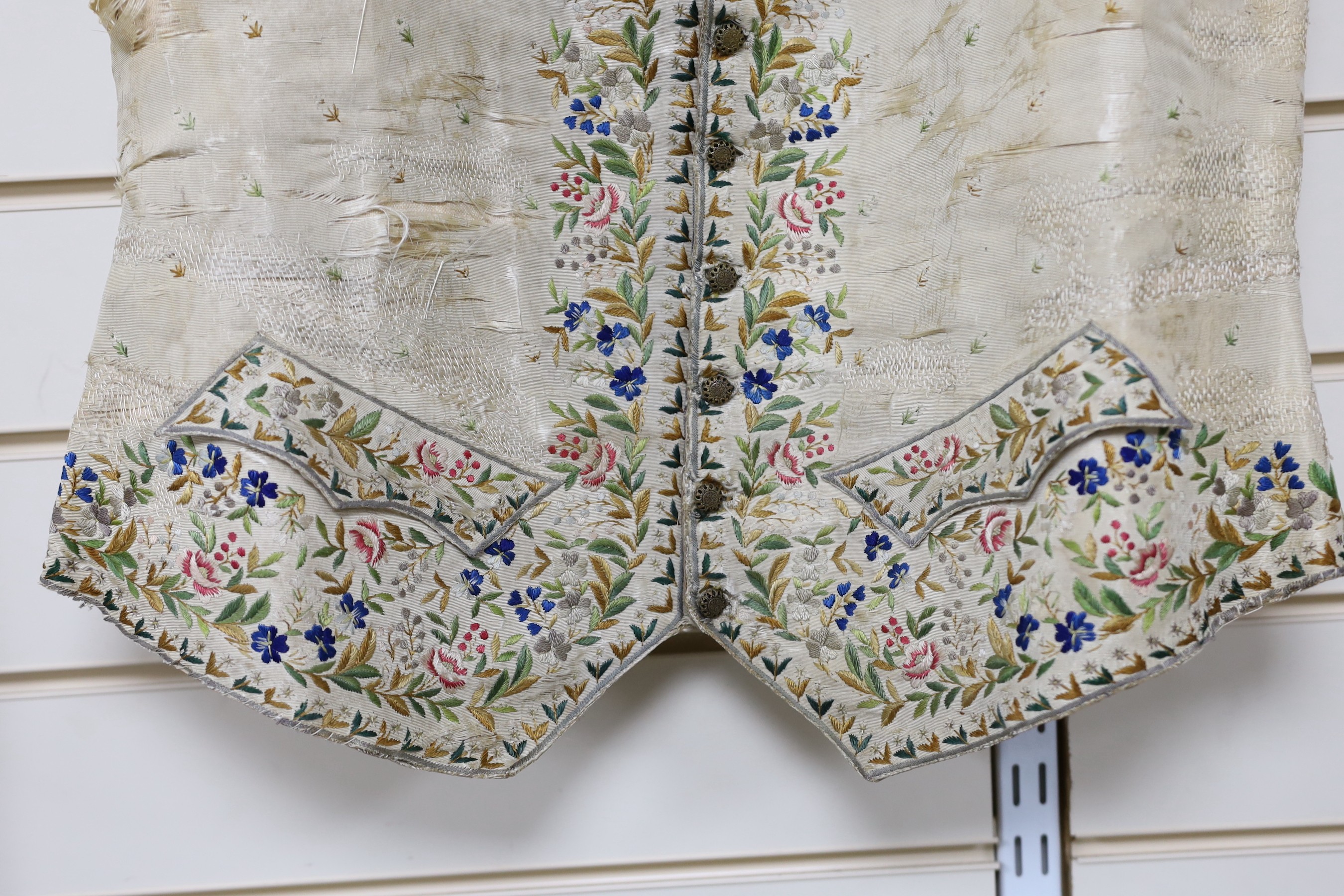 A late 18th early 19th century gentleman’s cream silk waistcoat Embroidered with polychrome silks in - Image 4 of 4