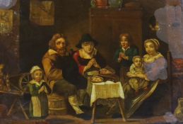 English School, early 19th century, reverse glass painted print, 'The devout family', 25 x 34cm