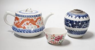 A Chinese blue and white ovoid vase, 9cm, a dragon teapot and cover and a famille rose cup