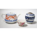 A Chinese blue and white ovoid vase, 9cm, a dragon teapot and cover and a famille rose cup