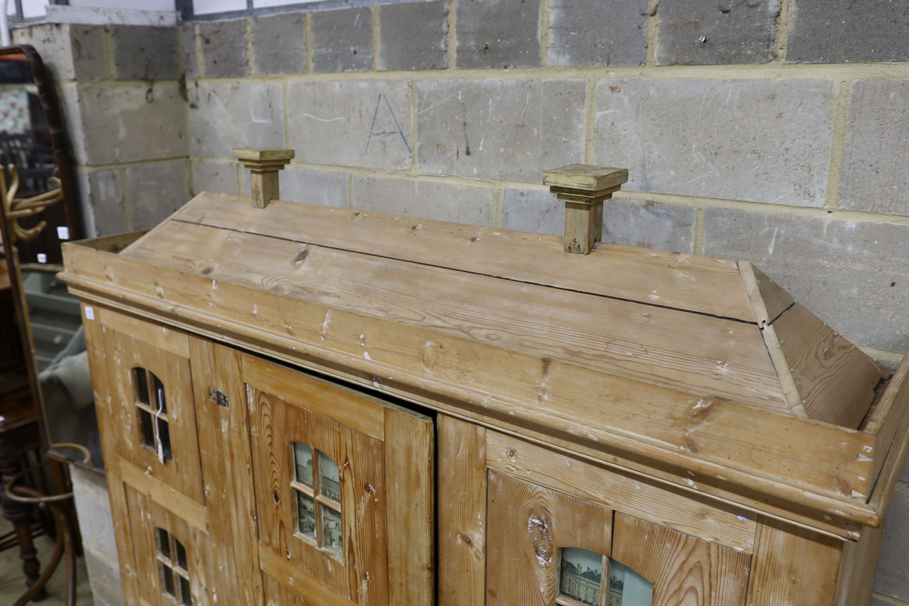 A 19th century stripped pine hall cupboard modelled as a dolls house the two door nine window facade - Image 12 of 20