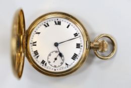 An Elgin gold plated keyless hunter pocket watch, with Roman dial and engraved interior