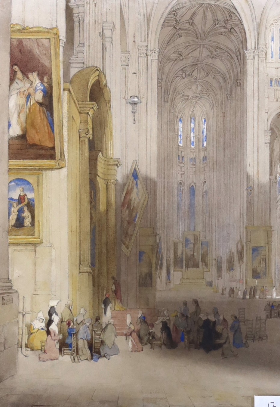 John Scarlett Davies (1804–1845), watercolour, Interior view of St Eustache, Paris, signed with