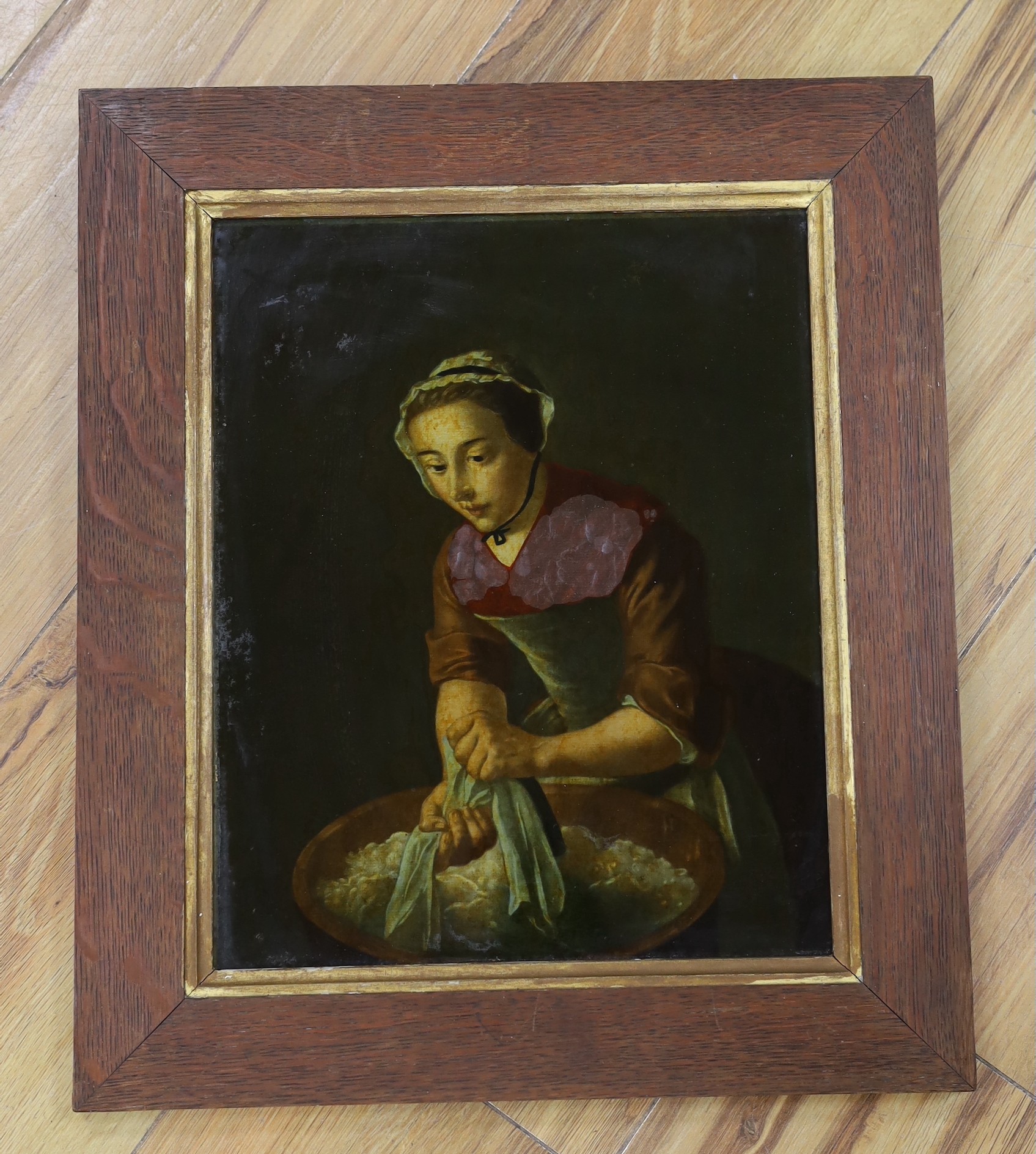 English School, 19th century, reverse glass painted print, painting of a washer woman, dated 1847 - Image 2 of 4