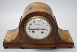 A burr walnut mantel clock, 33cms wide