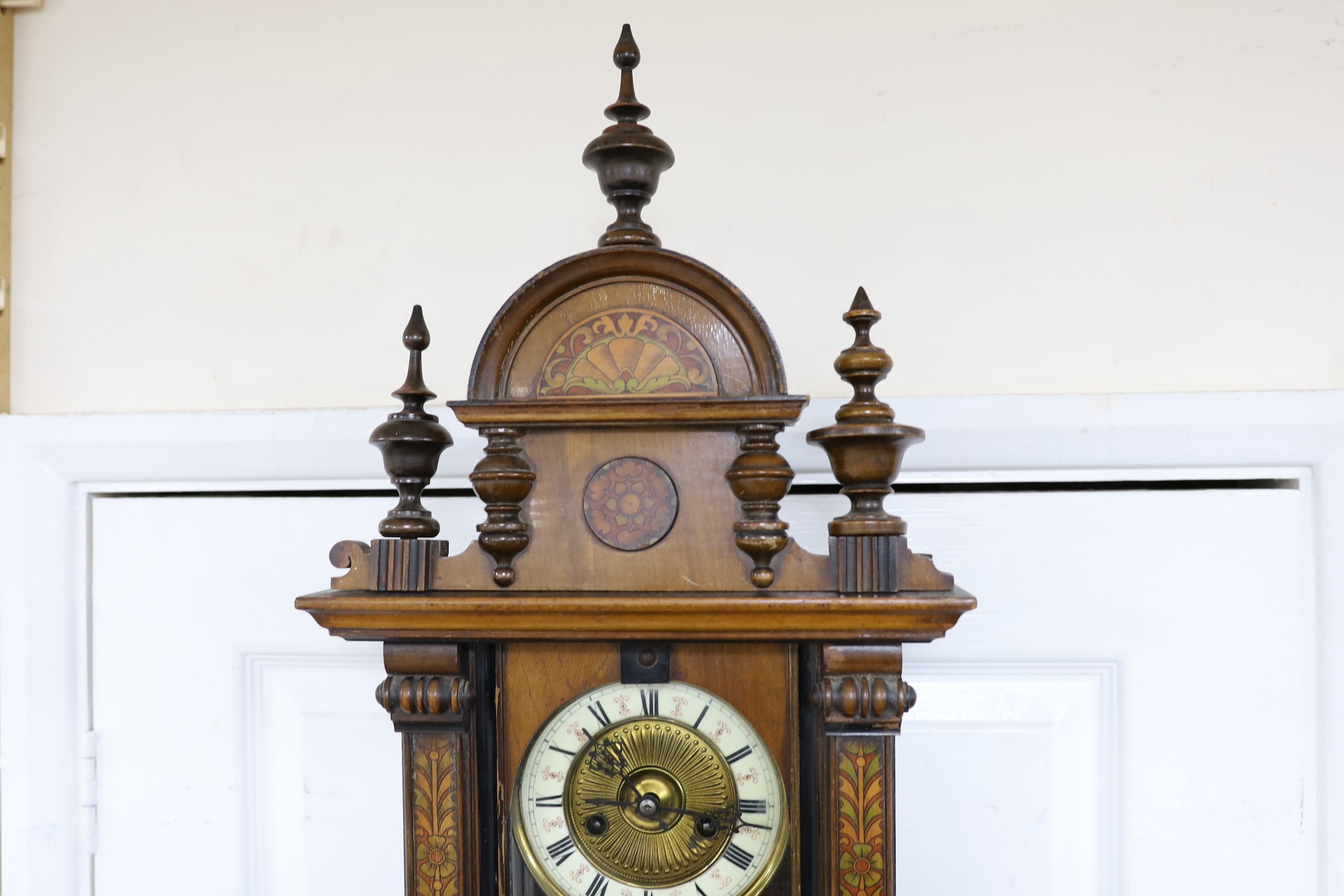 A small 19th century German wall clock with pendulum, 80cm long - Image 4 of 4