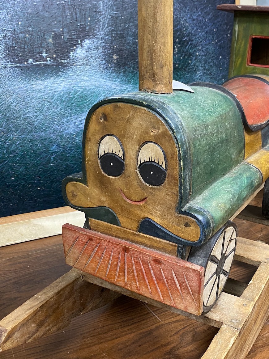 A child's carved wood rocking locomotive, length 80cm, height 59cm - Image 2 of 2