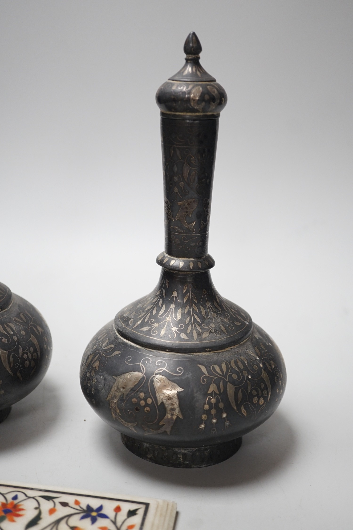 A pair of 19th century Indian Bidri ware water bottles of covers and a Pieter Durer plaque, - Image 3 of 5