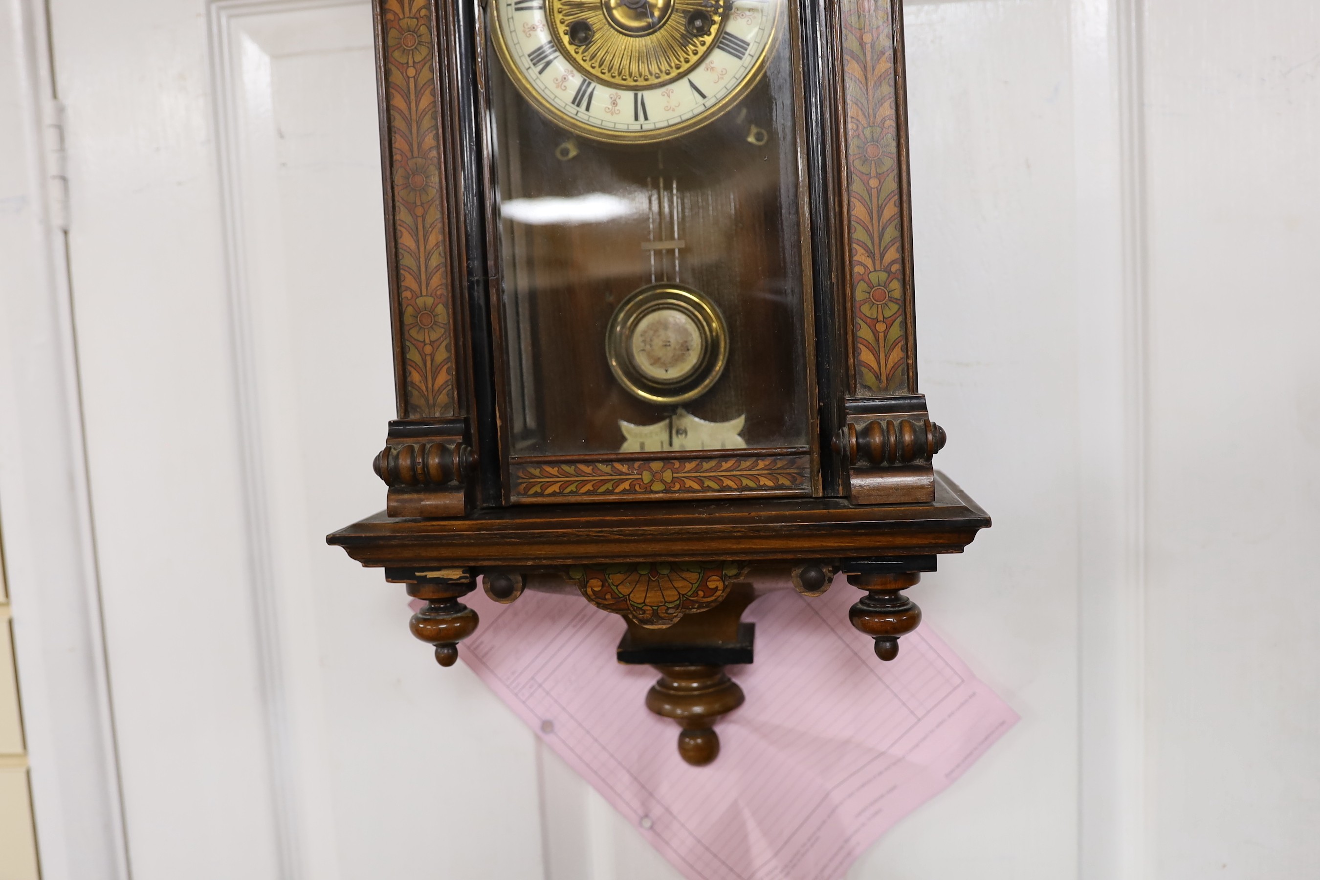 A small 19th century German wall clock with pendulum, 80cm long - Image 2 of 4