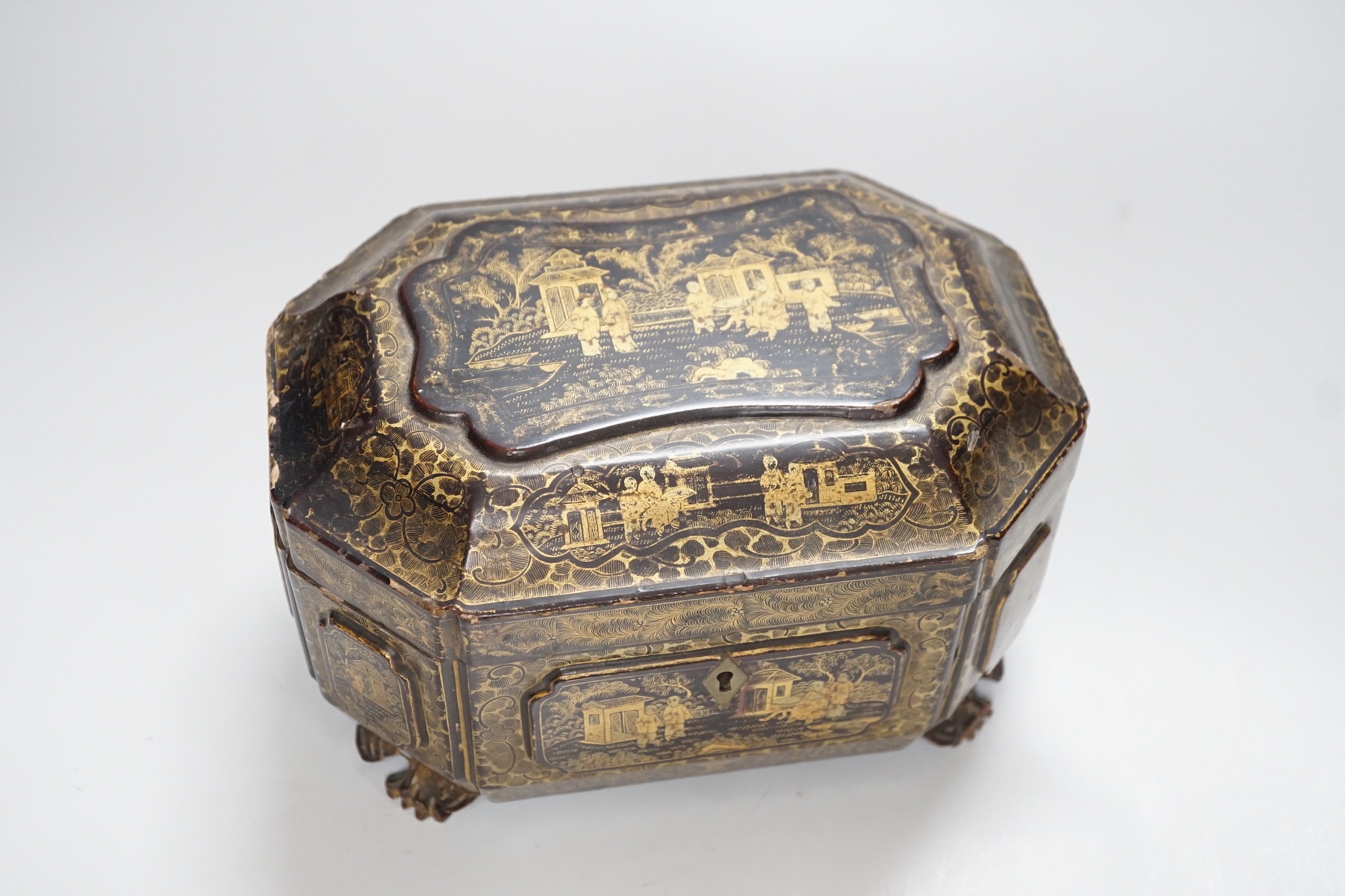 A 19th century Chinese chinoiserie lacquered sarcophagus form tea caddy, pewter lined interior - Image 2 of 6
