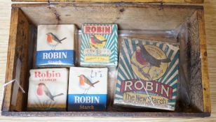 A Reckitt's Blue, Paris wooden box containing five unused packets of Robin’s Starch, box 24.5cms