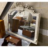 A Victorian later painted carved wood and composition overmantel mirror, with pierced scrolling