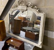 A Victorian later painted carved wood and composition overmantel mirror, with pierced scrolling