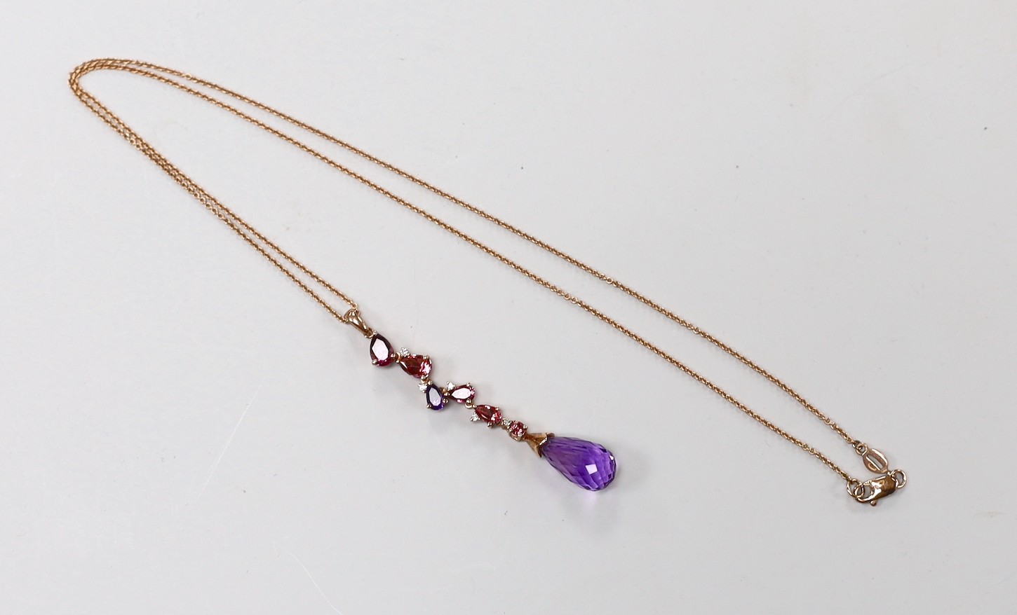 A modern 9ct gold, garnet, topaz, amethyst and diamond chip set drop pendant necklace, pendant 46mm, - Image 2 of 3