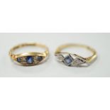 Two early 20th century 18ct, sapphire and diamond set rings, including Edwardian seven stone, size L