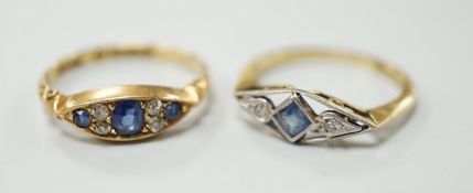 Two early 20th century 18ct, sapphire and diamond set rings, including Edwardian seven stone, size L