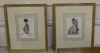 John Collet (1725-1780), two watercolours, Studies of 18th century ladies in elaborate outfits, 12 x