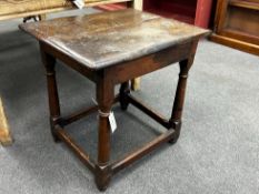 A 17th century rectangular oak small table with twin planked top, width 62cm, depth 52cm, height