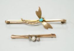Two early 20th century yellow metal and gem set bar brooches, including turquoise set dragonfly,