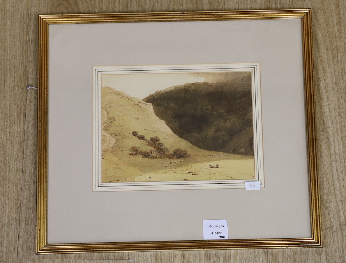 Richard Westall (1756-1836), watercolour, An open landscape with sheep and hills, initialled, 18 x - Image 2 of 2