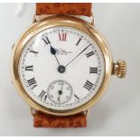 A gentleman's early 20th century 9ct gold Waltham manual wind wrist watch, with Roman dial and