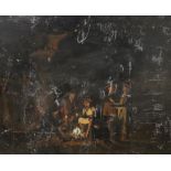 American School?, oil on wooden panel, Figures around a camp fire, 35 x 41.5cm, unframed