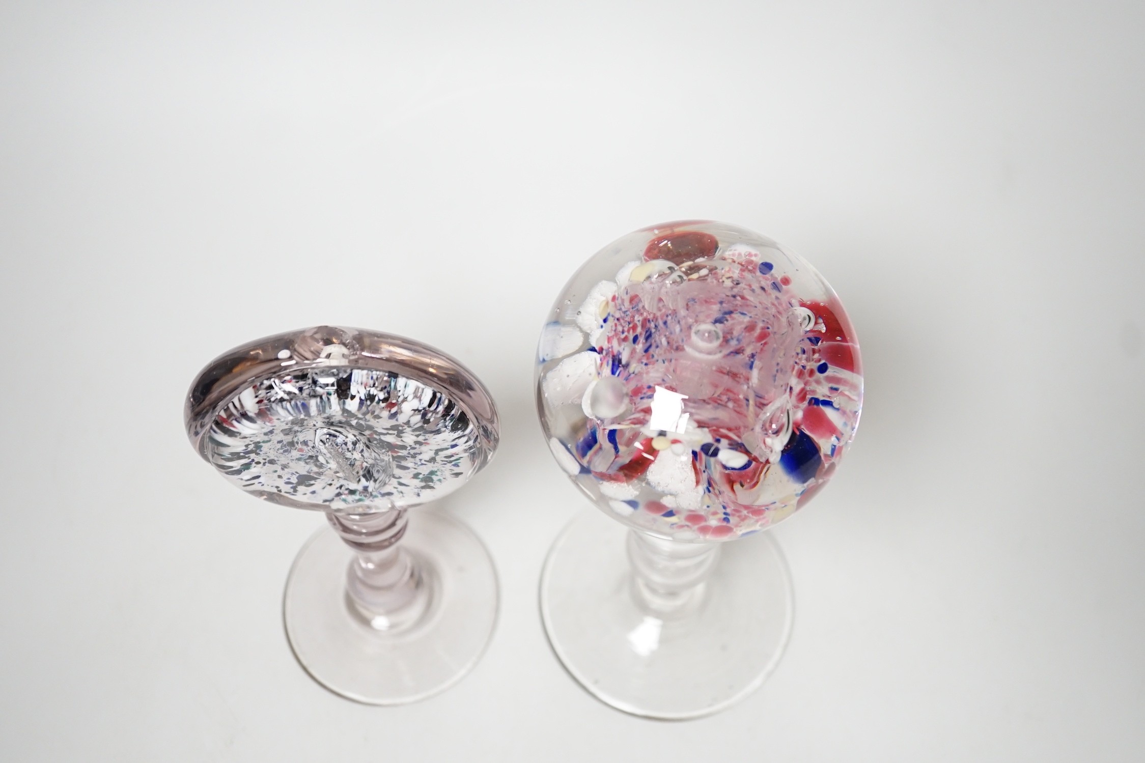 Two 19th century glass pedestal ornaments, one possibly a wig stand, the other containing a sulphide - Image 4 of 4