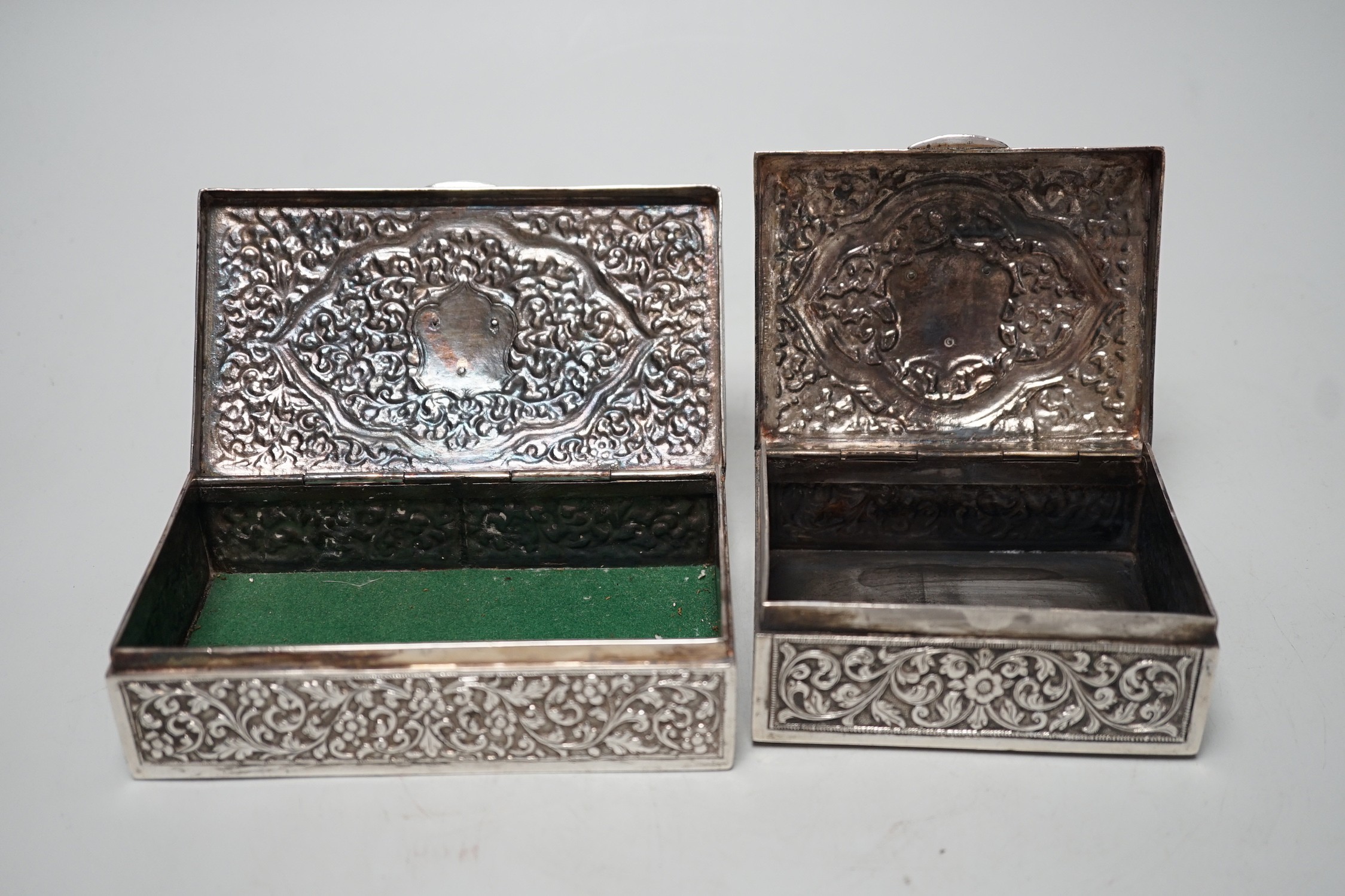 Two early 20th century Indian embossed white metal rectangular boxes, both with applied enamelled - Image 5 of 5